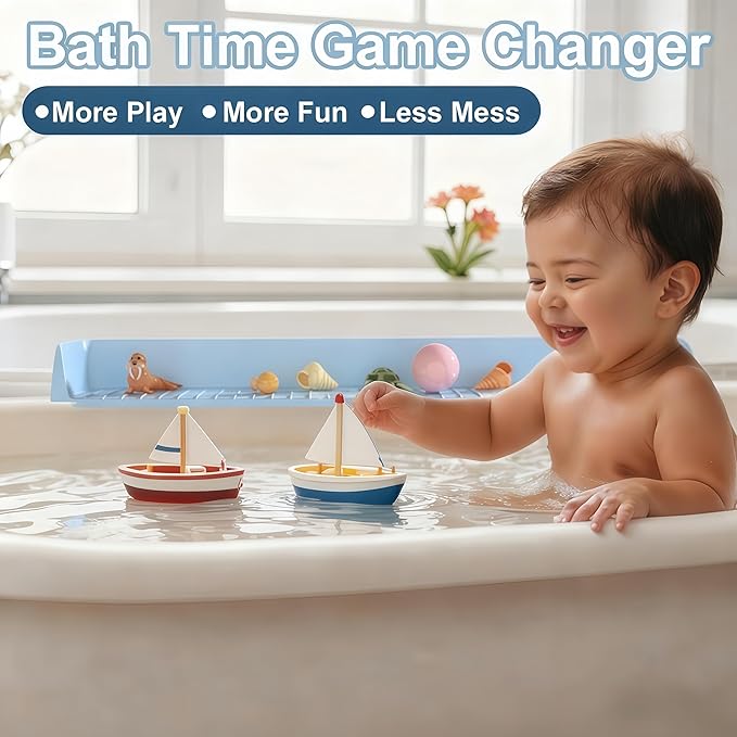 31IN Silicone Bathtub Splash Guard for Kids, Strong Suction Cups Tub Topper & Bath Toy Holder, Bath Tray Play Shelf & Bathroom Toy Storage, Kids Bathroom Accessories, Prevents Water Spills