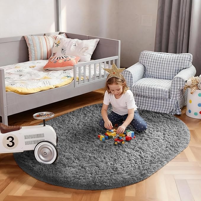 Ophanie 4x6 Grey Oval Rugs for Bedroom Living Room, Fluffy Fuzzy Furry Carpet, Plush Soft Shaggy Bedside Indoor Floor Area Rug for Kids Girls Boys Baby Teen Dorm Nursery Home Decor Aesthetic