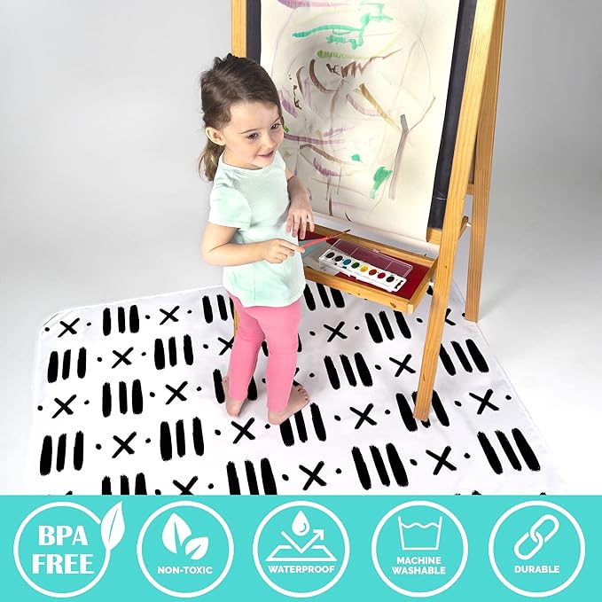JumpOff Jo - Large Baby Splat Mat for Under High Chair, Booster Seat, Tabletop, Food Catcher - Protect Floor and Carpet from Spills & Crafts - Waterproof and Washable - 51 x 51 inches - Black & White