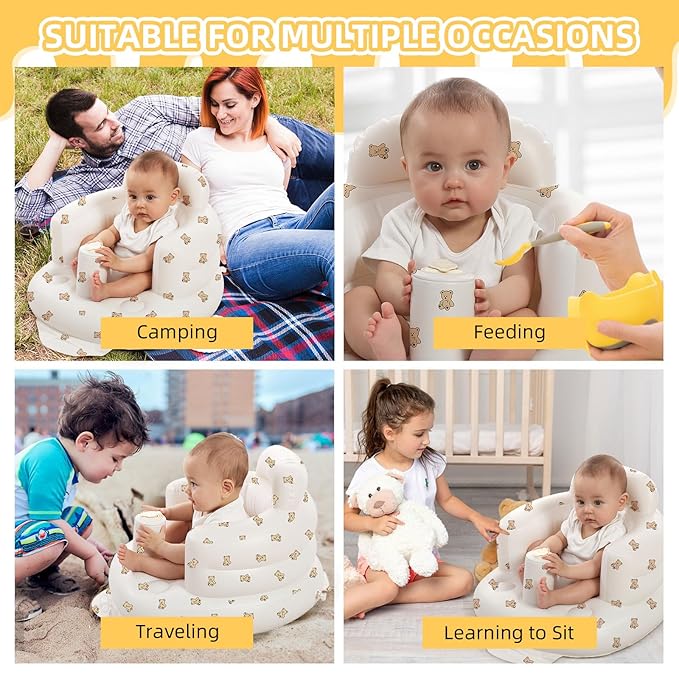 AGITVPS Inflatable Baby Seat for Babies 3-36 Months, Built in Air Pump Baby Chair Sit Me up Floor Seat for Baby, Bumbo Seat for Learning to Sit, Feeding, Camping (Pillar-Bear Cub)