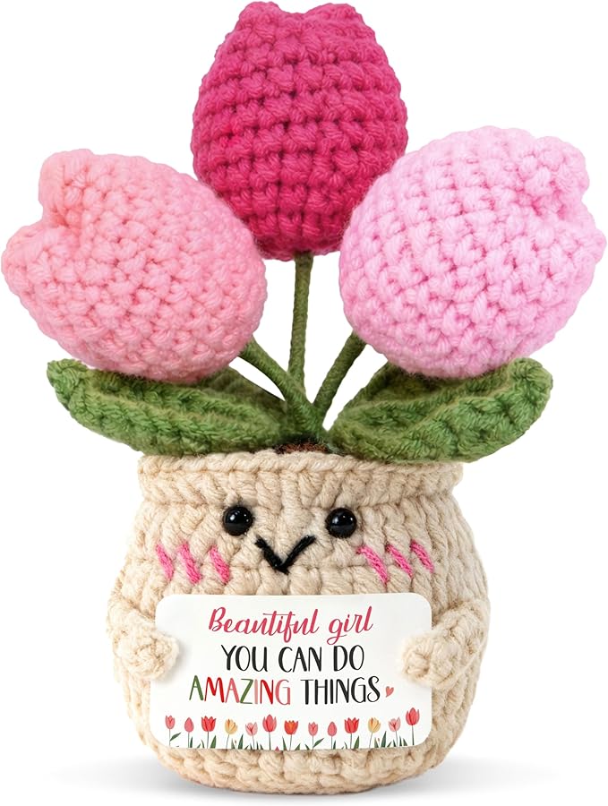 OASSIE Daughter Gifts from Mom - Positive Crochet Tulip - Mothers Day Graduation Encouragement Inspirational Birthday Gifts for Daughter Granddaughter, Emotional Support Crochet, Grad Gift for Friend
