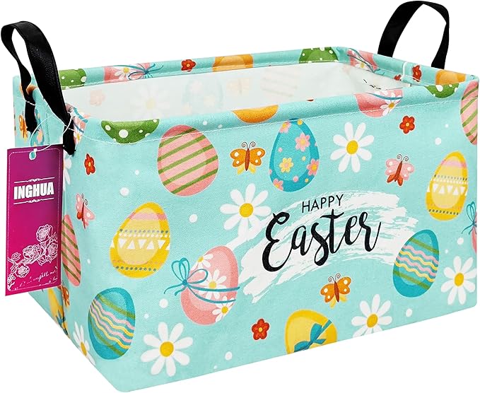 INGHUA Rectangular Storage Basket Fabric Organizer Bin for Toys,Books,Clothes,Gifts,Pets-Perfect for Home,Office,Nursery,Dorm,Shelf(Rec-Easter eggs)