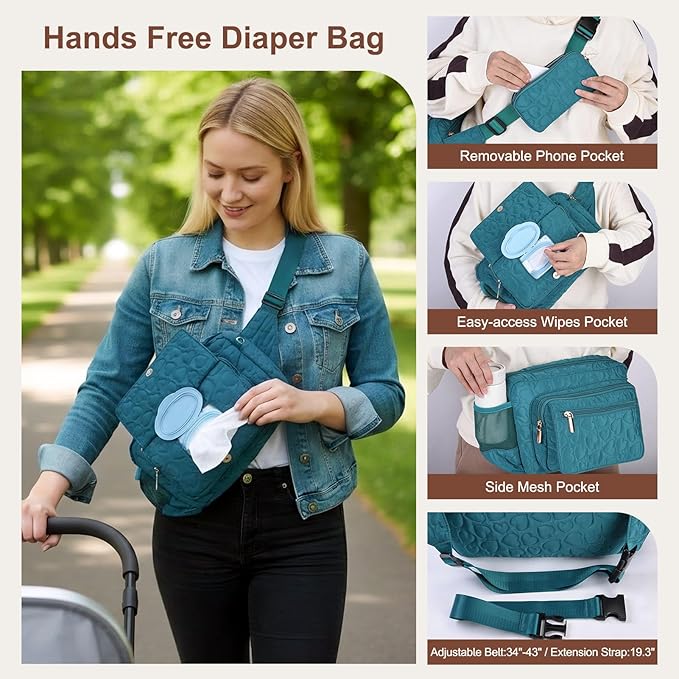 Rexmore Puffer Quilted Fanny Pack Diaper Bag for Mom - Women‘s Compact Crossbody Purse with Portable Changing Pad & Wipes Pouch, Travel & Quick Errand Baby Essentials Organizer (Dark Green)