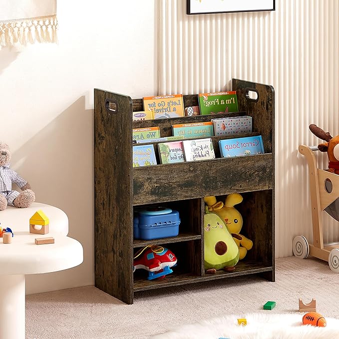 VECELO Kids Bookshelf with Toy Storage - Wooden Nursery Organizer for Books & Toys, Easy Assembly Playroom Shelf (Brown)