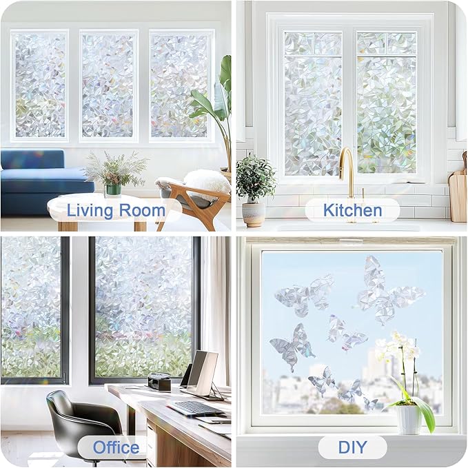 Haton Window Privacy Film, Stained Glass Rainbow Film Decorative Window Clings, Static Cling Sun Blocking Sticker, One Way Cover Tint for Home Heat Control, Non-Adhesive, Silver 23.6" x 78.7"