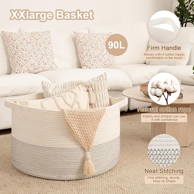 OIAHOMY 90L XXXLarge Blanket Basket for Living Room, 21.7" x 13.8" Woven Cotton Rope Laundry Basket for Organizing Pillows, Decorative Stuffed Animal Toy Storage for Nursery, Black and White