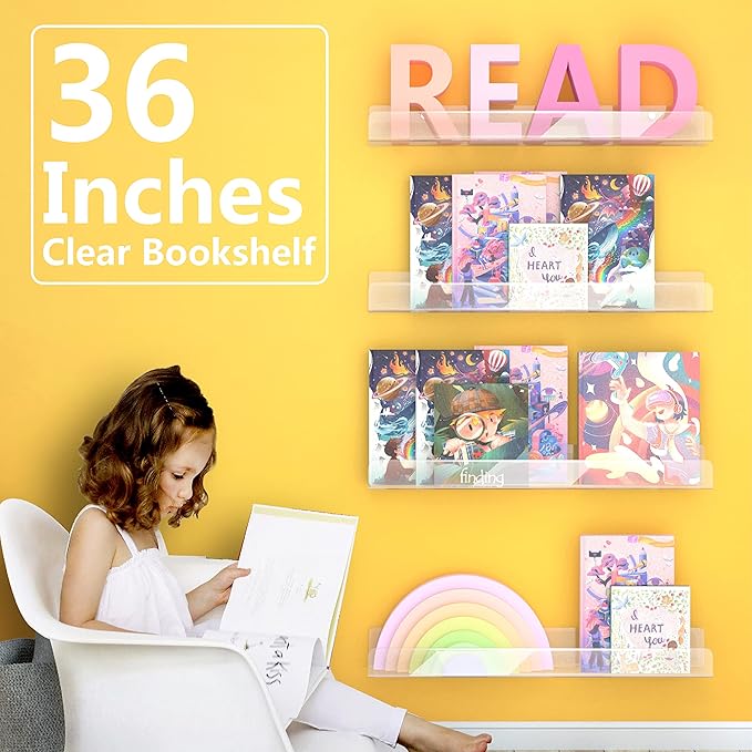RORKIM 36 Inch 50% Thicker Clear Acrylic Book Shelves, Invisible Kids Wall Bookshelves for Baby Storage Book Rack, Toy Organizer, Book Display, Playroom, Bedroom, Toddler Room, Nursery 2 Packs