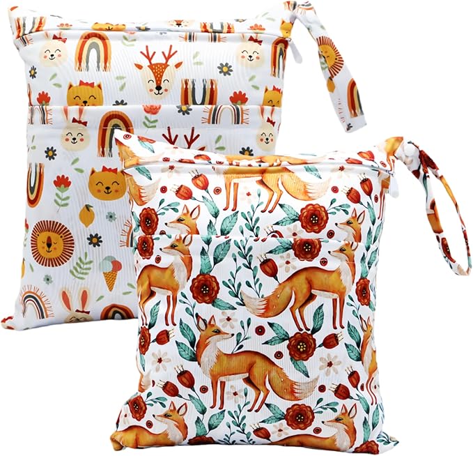 Asenappy 2pcs Cloth Diaper Wet Dry Bags Waterproof Reusable with Two Zippered Pockets Travel Beach Pool Daycare Soiled Baby Items Yoga Gym Bag for Swimsuits or Wet Clothes (FOX)