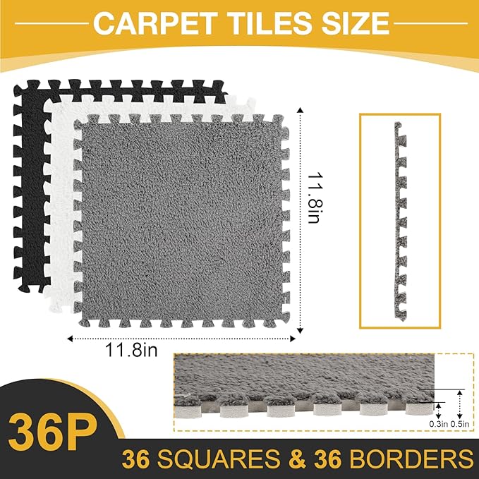 36 Pcs Plush Interlocking Carpet Tiles, Non-Toxic Foam Carpet Tiles for Toddler Baby, Anti-Slip, EVA Foam Interlocking Tiles for Floor, Nursery, Playroom, Grey White Black