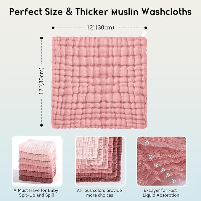 Unnivoll Muslin Burp Cloths Baby 12''X12'', Baby Washcloths 6 Pack, 100% Cotton Baby Wash Cloths Absorbent and Soft for Newborn Infants Kids Boys Girls - Gradient Pink
