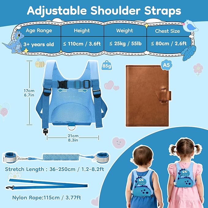 Dr.meter 3 in 1 Toddler Harness Leash + 8.2ft Anti Lost Wrist Link, Cute Dinosaur Kids Safety Harness with Key Lock, Child Walking Harness Assistant Strap for Outdoor Activity Travel