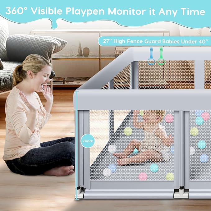 Fshibila 74" ×50" Large Baby Playpen, Baby Playard for Babies and Toddlers, PlayPen for Indoor & Outdoor, Sturdy Safety Play Yard with Soft Breathable Mesh, Anti-Fall, Ball x 18, Handle x 2, Grey