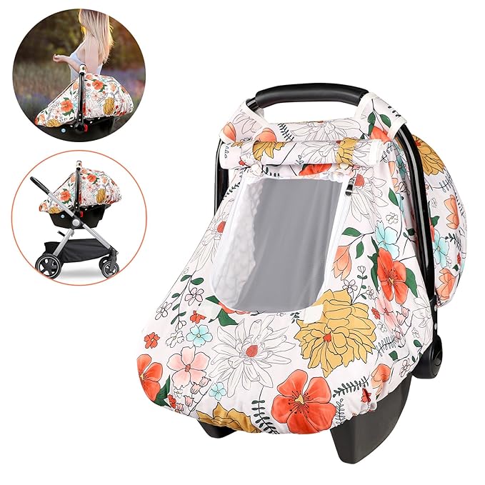 Baby Carseat Cover Girls, Pea Pod Infant Car Seat Covers Canopy for Newborn with 2 Layers Windows of Breathable Mesh/Fabric, Lightweight Polyester/Minky Dot Backing, Snug Fit Most Baby Car Seat