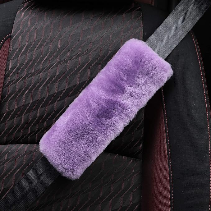 2pc Soft Genuine Sheepskin Wool Auto Seat Belt Cover Seatbelt Shoulder Pad for a More Comfortable Driving, Compatible with All Cars(Purple)