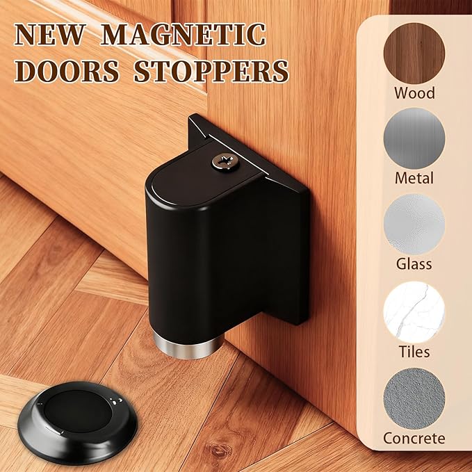 2026 New Magnetic Door Wedge Stopper No Drill Invisible Heavy Duty Zinc Alloy Door Wall Protector Wide Compatibility Bottom of Door Keep Doors Open Black Durable Easy Installation