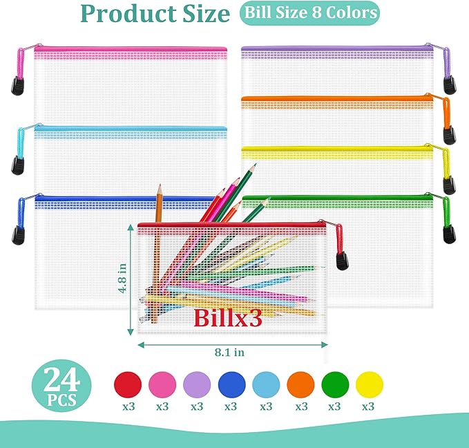 VVCOIIROEI 24pcs Mesh Zipper Pouch Bags Small, 8.1x4.8 Inches Zipper Pencil Bags, 8 Colors Pencil Pouch Bulk, Reusable Pencil Bags for Office Supplies and Travel Storage