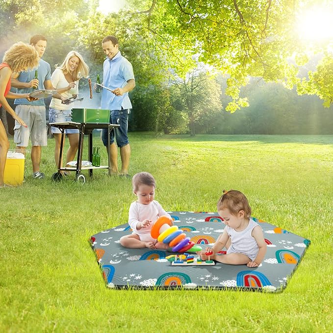 Hexagon Playpen Mat, Compatible with Regalo Play Yard and hiccapop PlayPod Portable Playpen, Self Inflatable Mat Pad, Portable and Comfortable Play Yard Mat with Carry Case - Rainbow