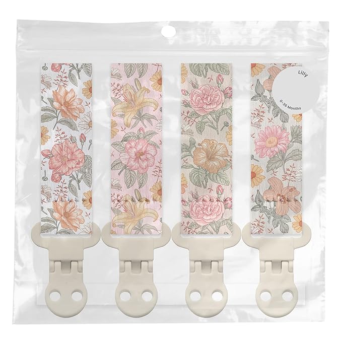 Stadela Baby Fabric Pacifier Clip Holder, Plastic Clip, 4‑Pack, Flowers Pattern, Lilly Set