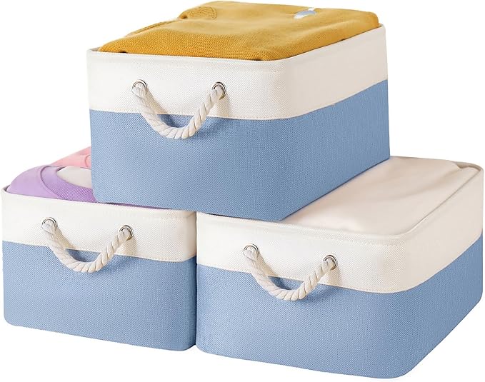 LordCom Storage Bins with Sturdy Cotton Handles(3 Pack), Fabric Storage Baskets for Organizing use for Office & Home, Book, Clothes, Toys, Closet Boxes (Large, Blue-White, 15.7x11.8x7.9 inches)