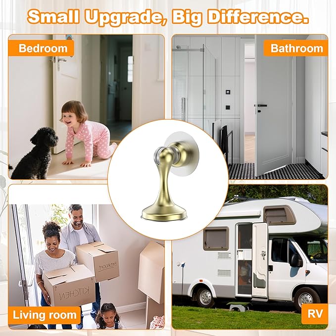 Crosize Magnetic Door Stoppers 2 Pack, Stainless Steel Door Stops for Wall and Floor Mounting, Gate Stops, No Drilling Metal Doorstops with Adhesive Tapes, Gold