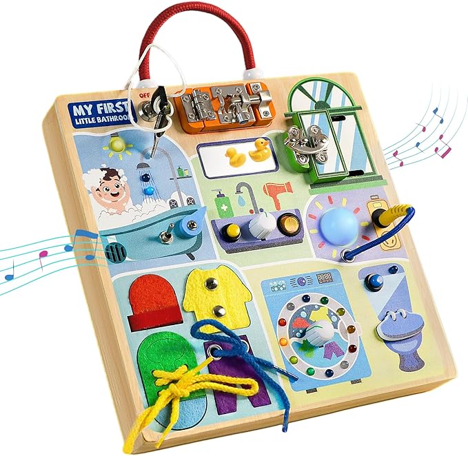 Teekdeer Busy Board Montessori Toys for Toddler 1-3 Year Old, Wooden Sensory Board with LED Light Switches,Bathroom Theme Travel Toys for 1+ Year Old Boy & Girl Birthday Gift