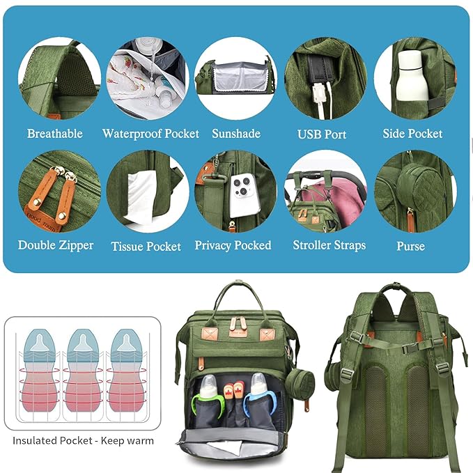 Jeryswet Baby Diaper Bags with Changing Station, Waterproof Large Capacity Diaper Bag Backpack for Moms Dads with USB Charging Port and Stroller Straps, Baby Shower Gifts, Green