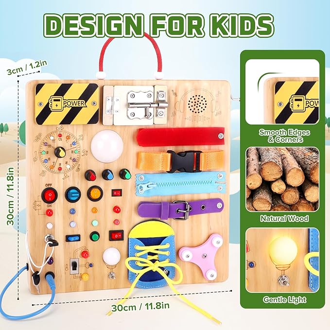 23-in-1 Montessori Busy Board with LED Lights Educational Wooden Activity Toy for Toddlers Ages 1-3, Travel Sensory Board with Switches Locks Music Box Fine Motor Skills Learning Toy for Boys Girls