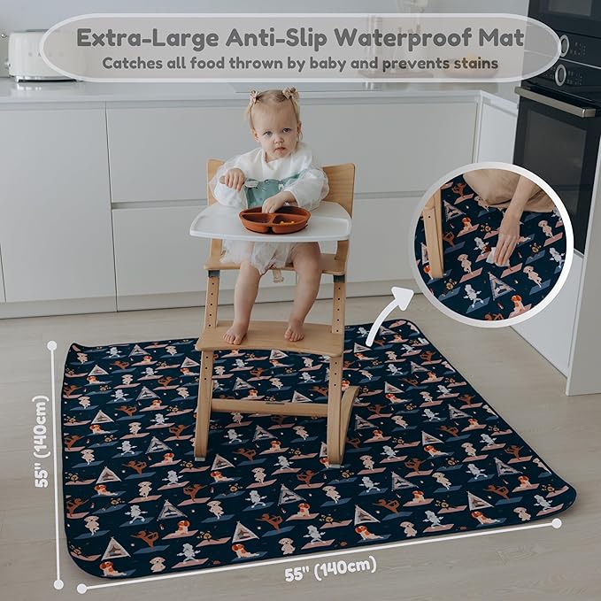 55"x55"Jumbo Thick 4-Layer Baby Splat Mat for Under High Chair, Large Heavy Duty Waterproof Spill Mat, Washable, Extra Anti-Slip Floor Protector for Arts,Crafts,Mess Mat