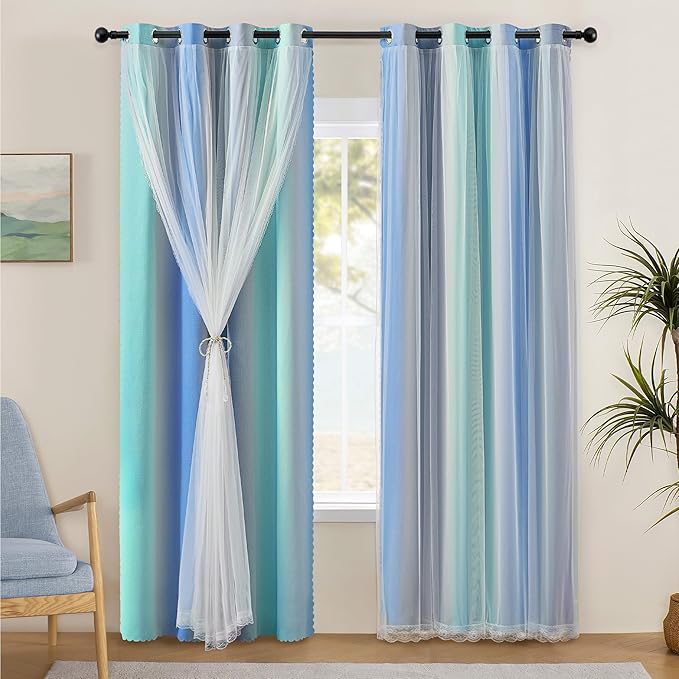 XiDi Blakout Curtains with Sheer Overlay 84 Inches Long for Bedroom 2 Panels Double Layer Rainbow Curtains for Nursery Kid Room Thermal Insulated Room Darkening Grommet Drapes Blue Green Grey 34Wx84L