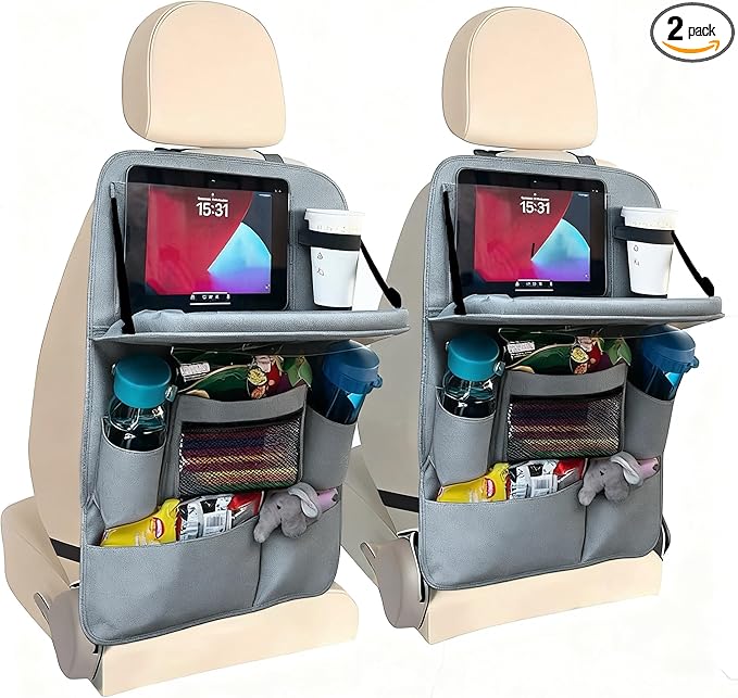 Haoxiang A-P Backseat Car Organizer with Tray, 9 Storage Pockets Back Seat Protector with Foldable Tablet Holder, Waterproof Back of Seat Kick Mats for Kids Adult, Travel Accessories 2 Pack, Gray