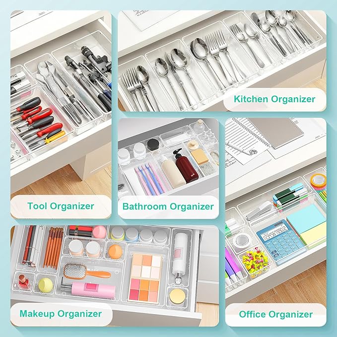 Clear Plastic Drawer Organizers Set of 45 Vanity Organizers Stackable Storage Bins Dividers Bathroom Organizers Storage Vanity Organizer Bins for Makeup, Kitchen Utensils, Jewelries, Office