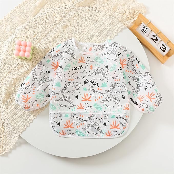 ElecMotive 3 Pack Long Sleeve Bib,Baby Smock for Eating 6-30 Months Reusable Shirt Bibs for Babies Toddler