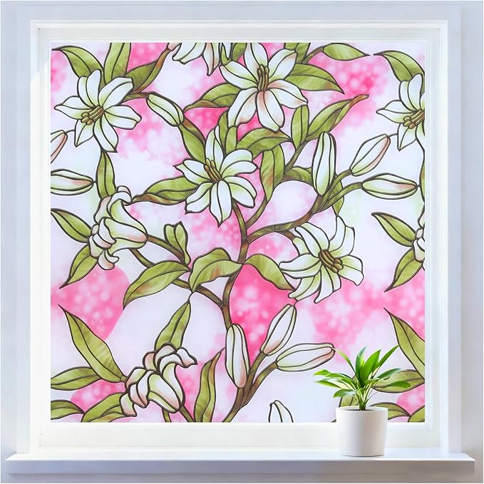 rabbitgoo Pink Lily Window Film Privacy Frosted Glass Cover - Static Cling Removable Decorative Window Tint for Bathroom, Bedroom, Living Room (35.4 x 78.7 Inch)