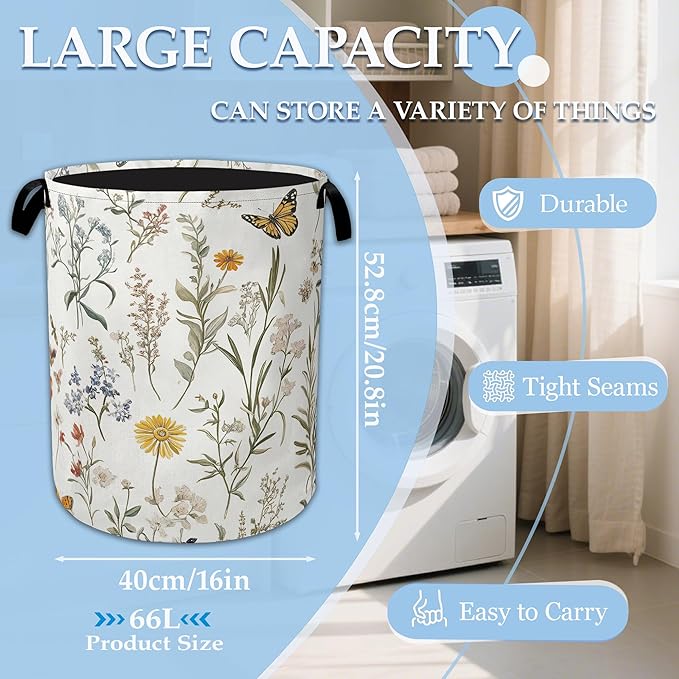 Herbs Floral Laundry Basket Collapsible Laundry Hamper Clothes Toy Storage Bin for Bathroom Bedroom Room Decor 16" X 20.8"