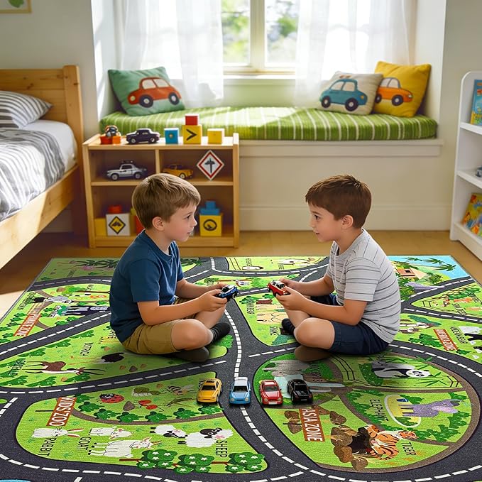 Zoo Adventure Kids Rug, Cute Animal Play Mat with Non-Slip Backing, Kids Carpet with Lions, Tigers & Giraffes for Educational and Fun Playtime, 8x10ft
