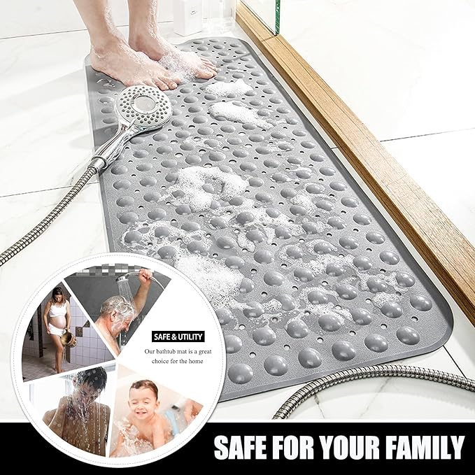 Bathtub and Shower Mats, Extra Long Non-Slip Bath Mat 39 x 16 Inch, Machine Washable Bath Tub Mat with Suction Cups & Drain Holes for Bathroom, Beige