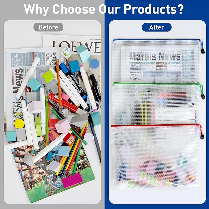 VVCOIIROEI 9pcs A4 Mesh Zipper Pouch Bags, 9 Colors, PVC Material, Reusable, Transparent, Zip Closure, Perfect for Toy Storage, Office Organization