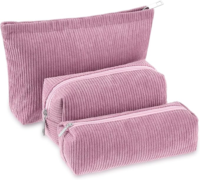 3 Pcs Makeup Bag Set for Women Corduroy Cosmetic Pouch Aesthetic Smile Travel Toiletry Bag Cute Purse Pouch Pencil Case Makeup Brushes Storage Organizer with Zipper(Rose Pink,Solid Style)