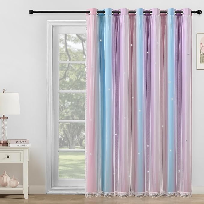 Extra Wide Curtains 84 Inches Long 100 Inch Wide for Girls Bedroom Patio Sliding Door Kids 80% Blackout Curtains for Nursery Room Darkening Rainbow Princess Unicorn Wall 1 Panel 100Wx84L Pink Purple
