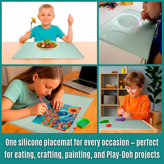 Silicone Craft Mat for Painting, PlayDoh and Art Projects with Angle-Protective Safety Edge – Toddlers & Kids Placemat – Non-Slip & BPA-Free Food Mat – 1.5mm Thick, 24"x16", Sage Green