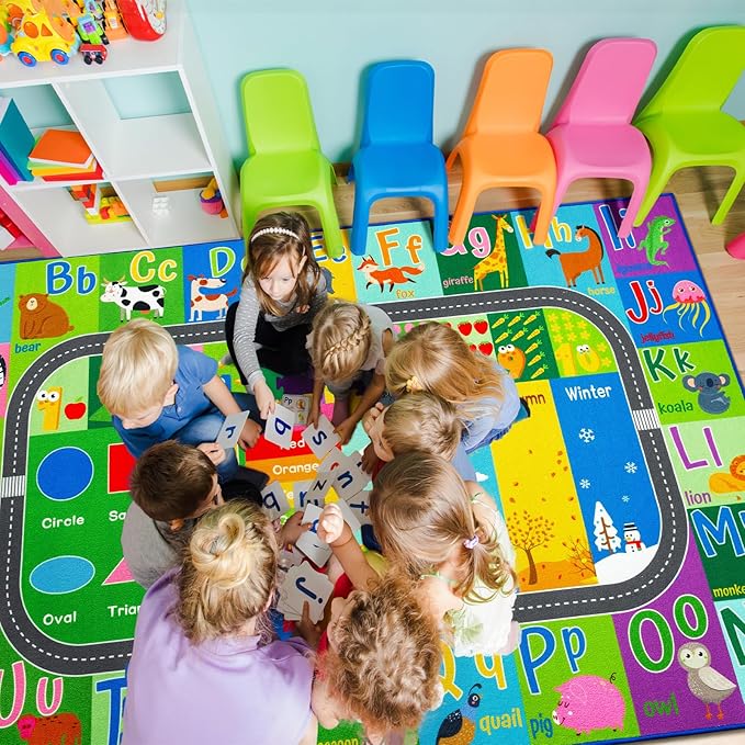 HOMORE Kids Educational Rug, 5x7 Kids Collection Area Rug for Learning Alphabet, Numbers, Colors, Season and Animal Words, Playmat for Classroom Playroom,Green
