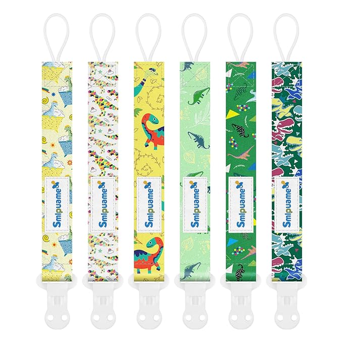 Smlpuame Baby Pacifier Clip for Boys Girl,6 Pack Stylish Binky Clips Strap,Paci Holder with Clips Universal Lightweight Fits Most Pacifiers Teeher Toy Teething Ring Soothie,Baby Gifts(Dinosaur)