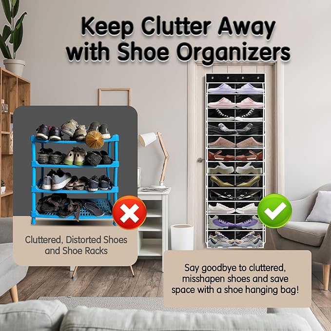 Kotkn Over The Door Shoe Organizer with 12 Large Breathable Pockets - Heavy Duty Hanging Storage for Adult, Kids & Baby Shoes - Black