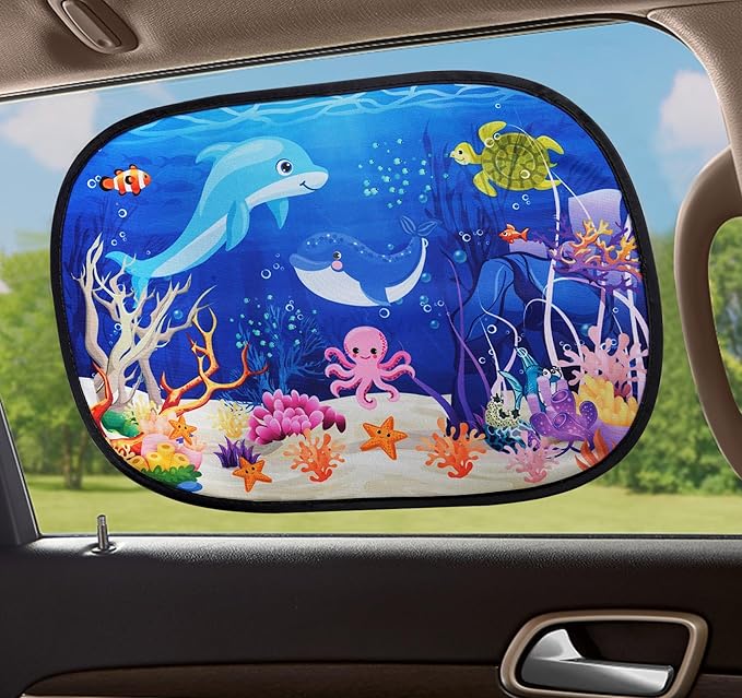 ABSOFINE Car Window Sun Shades for Baby Kids 2 Pack 19"x14", Ocean World Window Shades Sun Blocker Cover, Baby Car Shades for Back Windows with 8 Suction Cups and Storage Bag, Anti Glare & UV