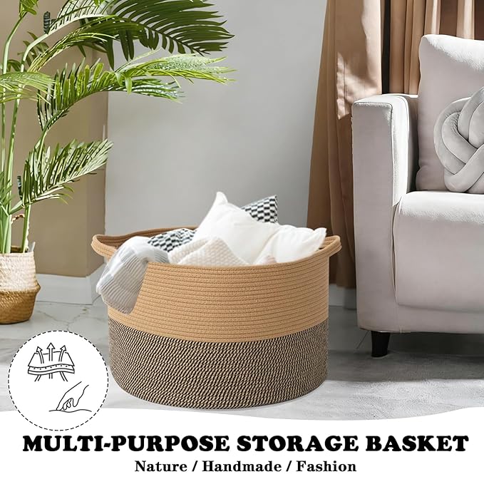 Large Storage Basket with Handle,19.7" L x 19.7" W x 13" H Blanket Basket Storage Bins for Organizing,65L Cotton Rope Woven Baskets for Living Room, Nursery,Bedroom,Jute&Black