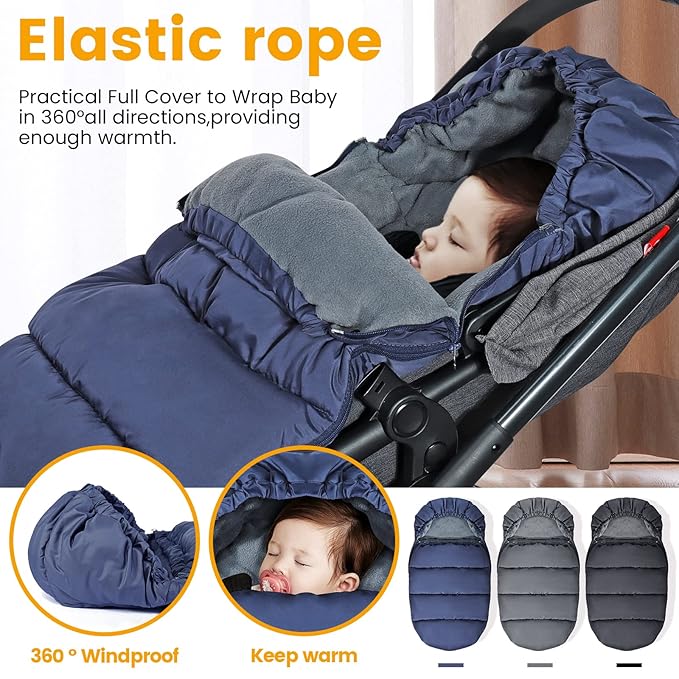 Orzbow Universal Stroller Bunting Bag, Winter Baby Footmuff for Strollers, Warm Coral Fleece Stroller Winter Cover for Cold Weather, Waterproof & Windproof, Baby Essentials Must Have, Blue