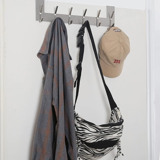 SKOLOO Over The Door Hook - for Doors up to 1-3/4'' Thickness, Silver, No Assembly Required, Stainless Steel, Door Coat Rack for Entryway & Bathroom Hanging Coats, Backpack, Robes, Towels, Pack of 2