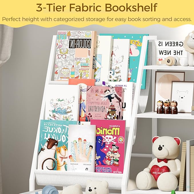 MAHANCRIS Kids Bookshelf and Toy Storage,3-Tier Sling Bookcase for Kids,Sturdy Toddler Bookshelf for Nursery,Playroom, Bedroom,White KBWT8401