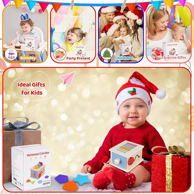 FCSONU Toddlers Montessori Coin Box Toys for 1 2 3 Year Old Boys Girls, Wooden Baby Toys for Toddlers 1-3, Color Sorting Stacking Sensory Toys for Ages 2-3, Easter Birthday for Kids
