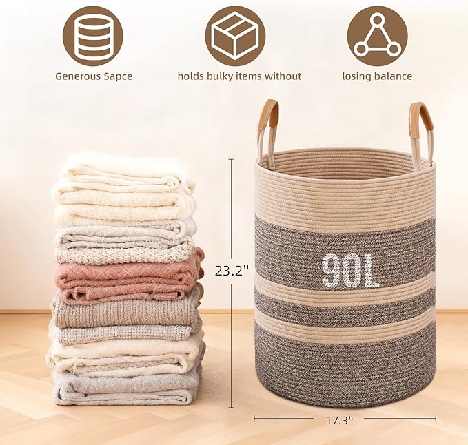 Degeyoyo 90L Striped Laundry Basket, Dark Brown Laundry Hamper with Leather Handles, Woven Cotton Rope Storage Bin for Blankets, Nursery Hamper for Clothes, Toys In Bathroom, Livingroom, Bedroom